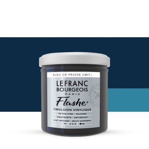 Flashe Prussian blue hue 125ml syvä, täysin mattapintainen sininen vinyylimaali Lefranc Bourgeois’lta, tasaisena väripintana.